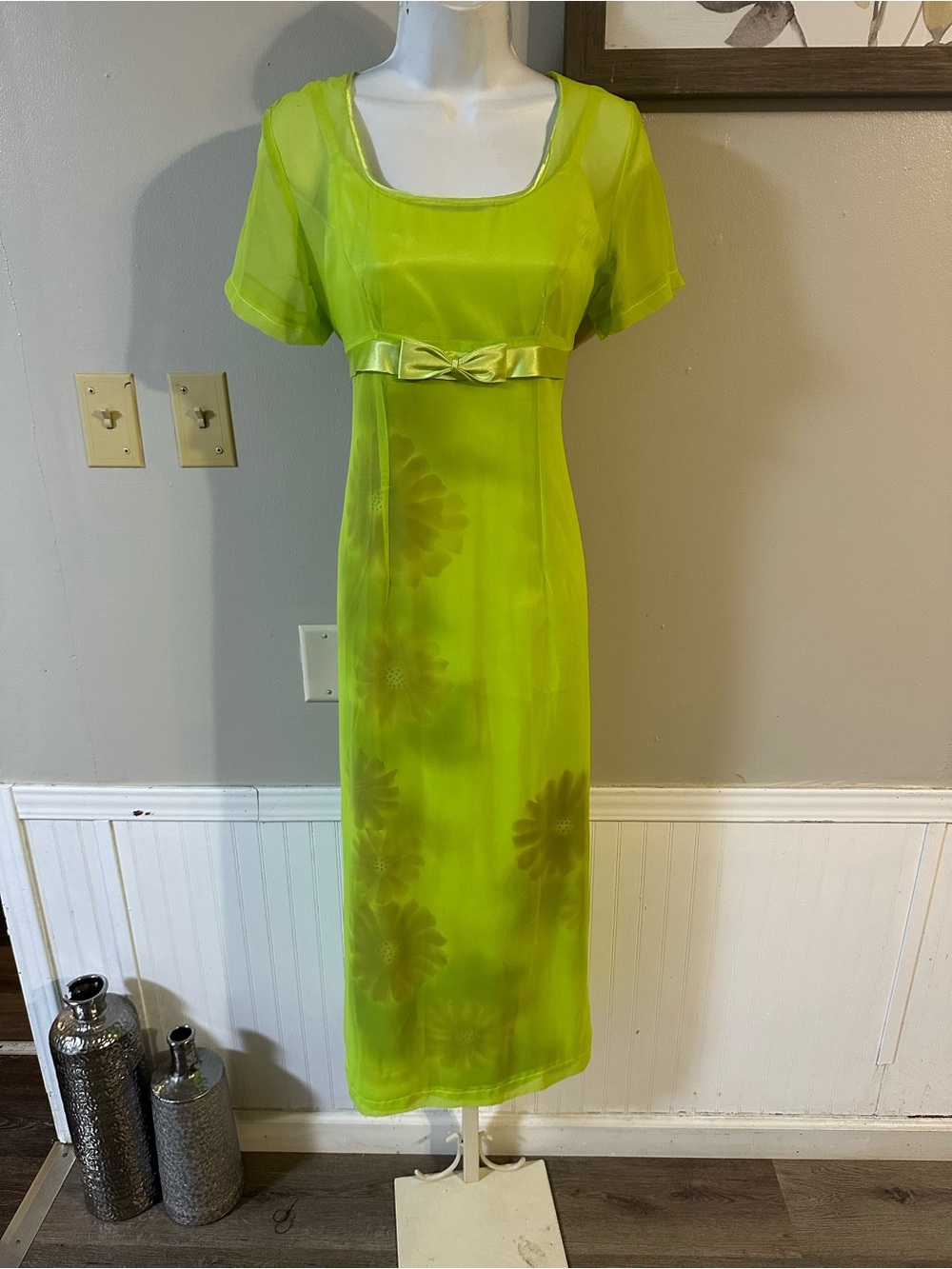 Women's Lime Green Sheer Overlay Dress with Bow